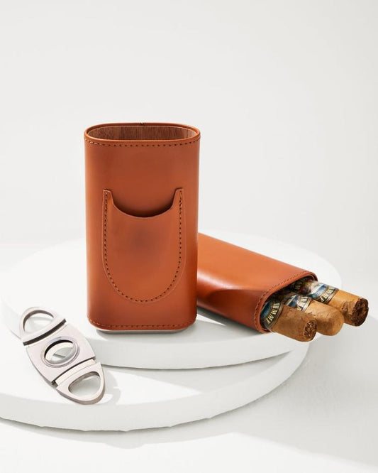 Beach & Home Drinkware & Bar | Tommy Bahama Ashton 3-Cigar Leather Case And Cutter Brown