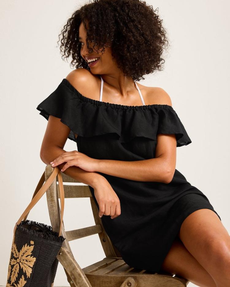 Women Beach Coverups | Tommy Bahama St. Lucia Linen-Blend Off-the-Shoulder Coverup Dress Black