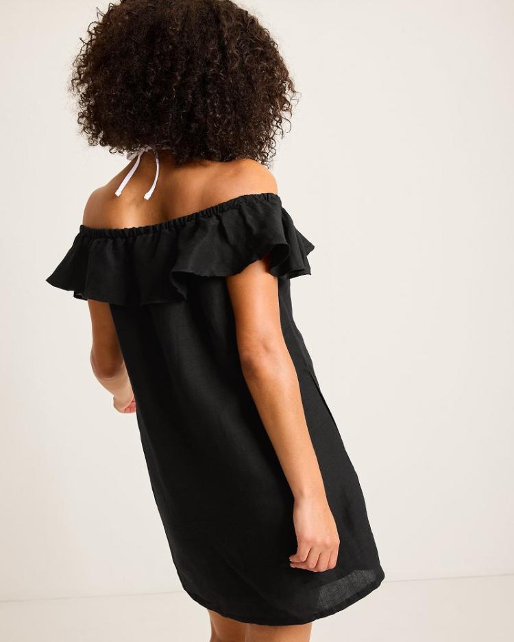 Women Beach Coverups | Tommy Bahama St. Lucia Linen-Blend Off-the-Shoulder Coverup Dress Black