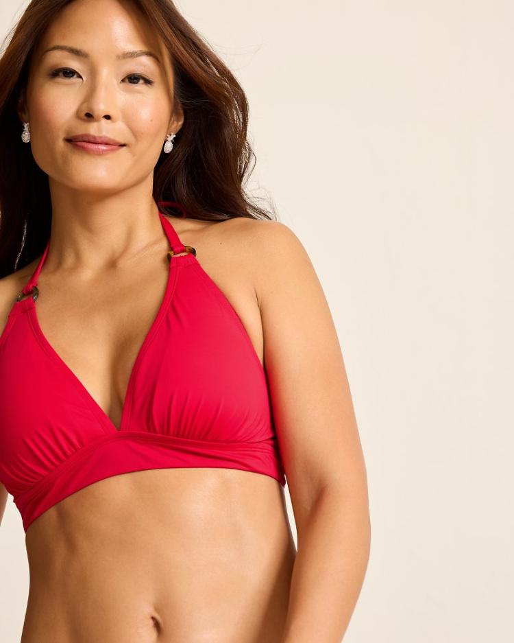 Women Bikini Tops | Tommy Bahama Pearl Ring Halter Bikini Top Red Hibiscus