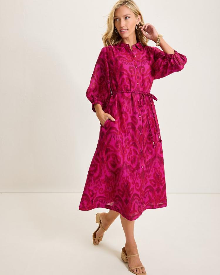 Women Dresses | Tommy Bahama Seaside Ikat Midi Shirt Dress Pink Papaya