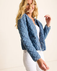 Women Jackets | Tommy Bahama Quilted Cropped Denim Jacket Vintage Playa Wash