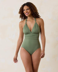 Women One-Piece Suits | Tommy Bahama Paradise Fronds V-Neck One-Piece Swimsuit Tea Leaf
