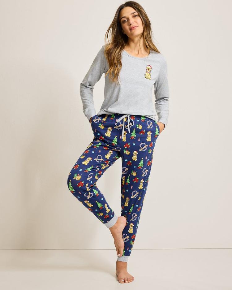 Women Sleepwear | Tommy Bahama Holiday Dog Long Sleeve & Pants Family Pajama Set Island Navy