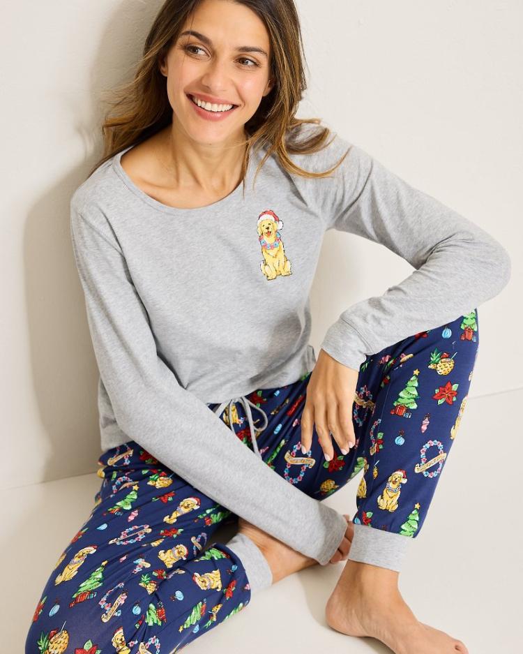 Women Sleepwear | Tommy Bahama Holiday Dog Long Sleeve & Pants Family Pajama Set Island Navy