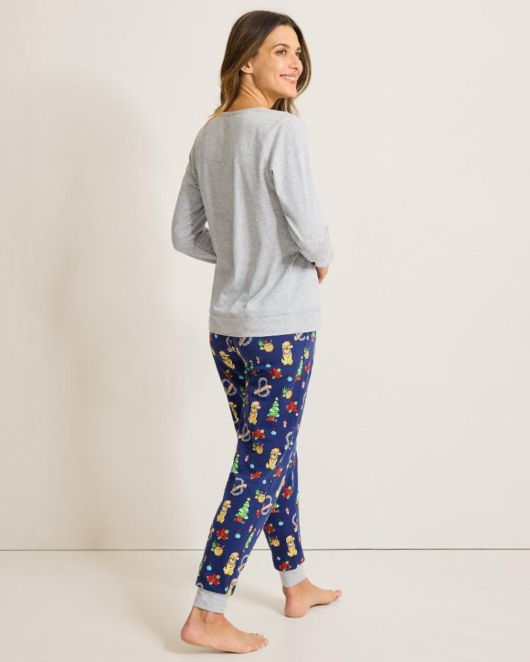 Women Sleepwear | Tommy Bahama Holiday Dog Long Sleeve & Pants Family Pajama Set Island Navy