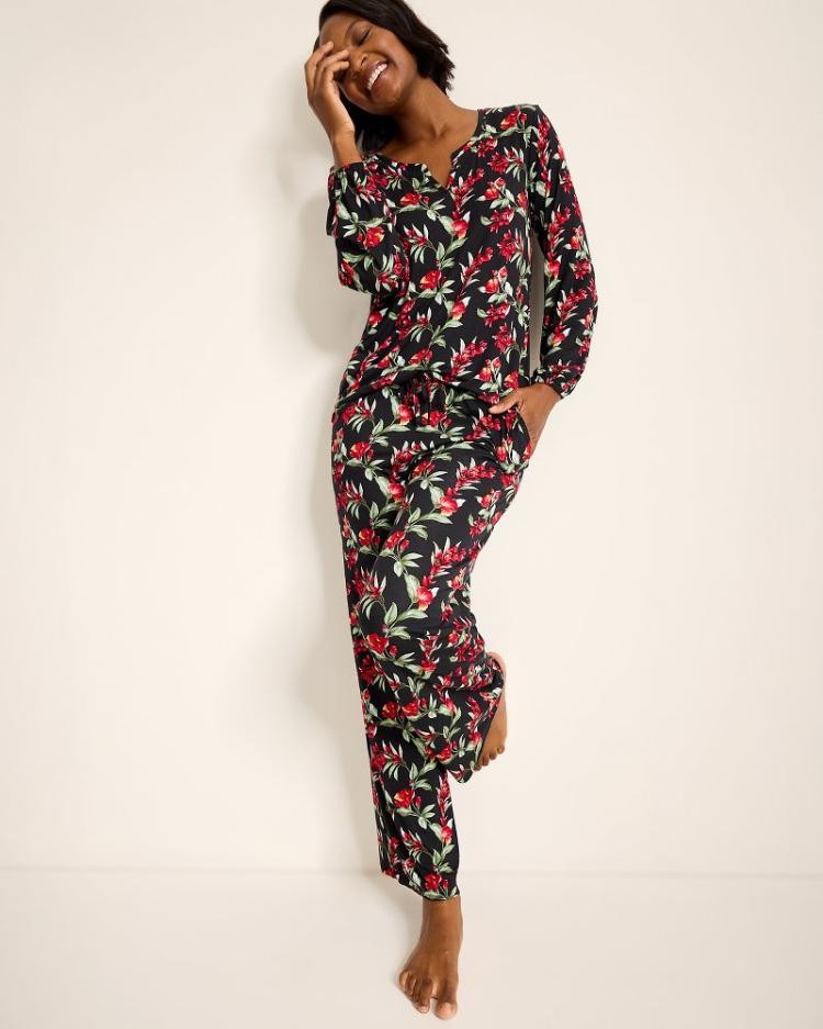 Women Sleepwear | Tommy Bahama Jersey Split-Neck Long Sleeve & Pants Pajama Set Black Cherry