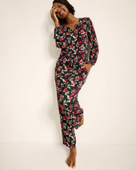 Women Sleepwear | Tommy Bahama Jersey Split-Neck Long Sleeve & Pants Pajama Set Black Cherry