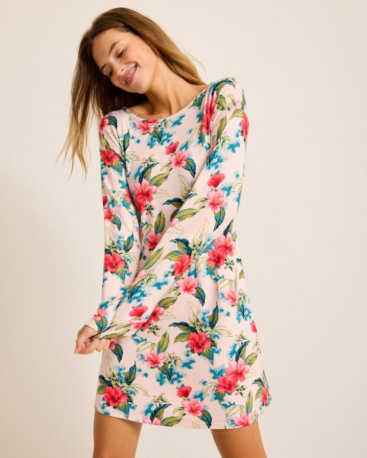 Women Sleepwear | Tommy Bahama Knit Long-Sleeve Short Sleep Dress Coconut Cream