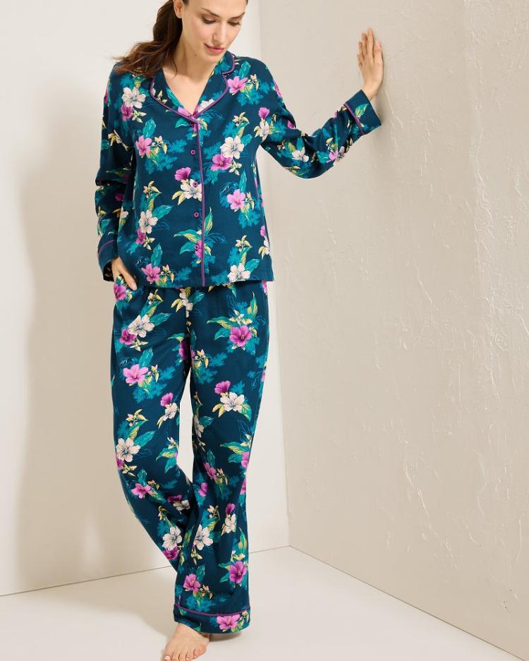 Women Sleepwear | Tommy Bahama Woven Sateen Long Sleeve & Pants Pajama Set Summer Night