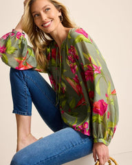 Women Tops & Shirts | Tommy Bahama Agua Amara Lavish Blooms Peasant Top Tea Leaf