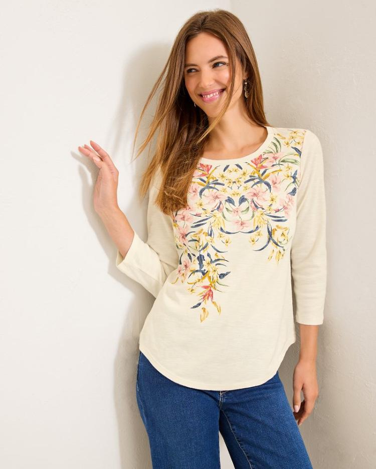 Women Tops & Shirts | Tommy Bahama Ashby Isles Flora Amora 3/4-Sleeve T-Shirt Coconut