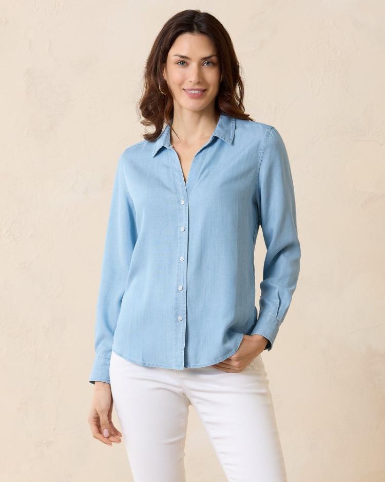 Women Tops & Shirts | Tommy Bahama Chambray All Day Long-Sleeve Shirt Light Storm Wash