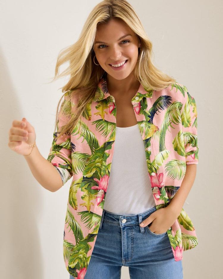 Women Tops & Shirts | Tommy Bahama Coastalina Frond Royal Linen Shirt Coral Haze
