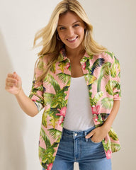 Women Tops & Shirts | Tommy Bahama Coastalina Frond Royal Linen Shirt Coral Haze