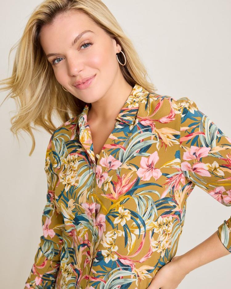 Women Tops & Shirts | Tommy Bahama Flora Amora Long-Sleeve Silk Shirt Greek Olive
