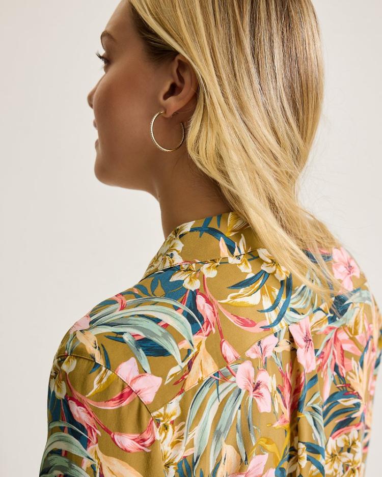 Women Tops & Shirts | Tommy Bahama Flora Amora Long-Sleeve Silk Shirt Greek Olive