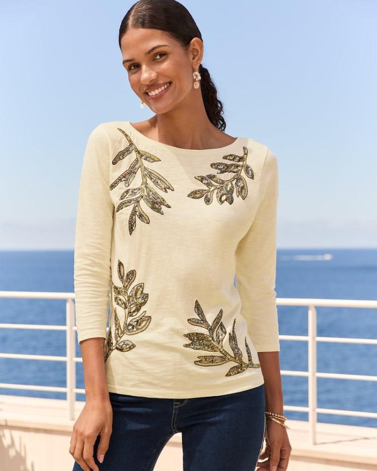 Women Tops & Shirts | Tommy Bahama Forever Fronds Embellished Lux 3/4-Sleeve T-Shirt Coconut