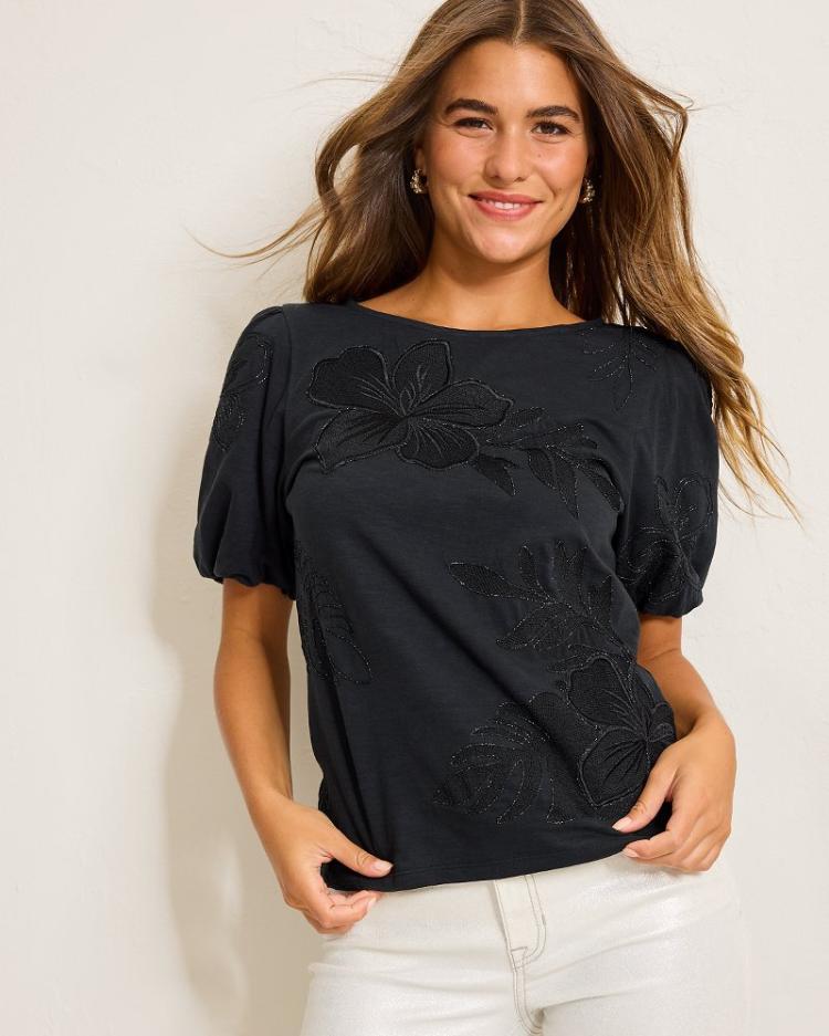 Women Tops & Shirts | Tommy Bahama Heritage Hibiscus Puff-Sleeve Lux T-Shirt Black