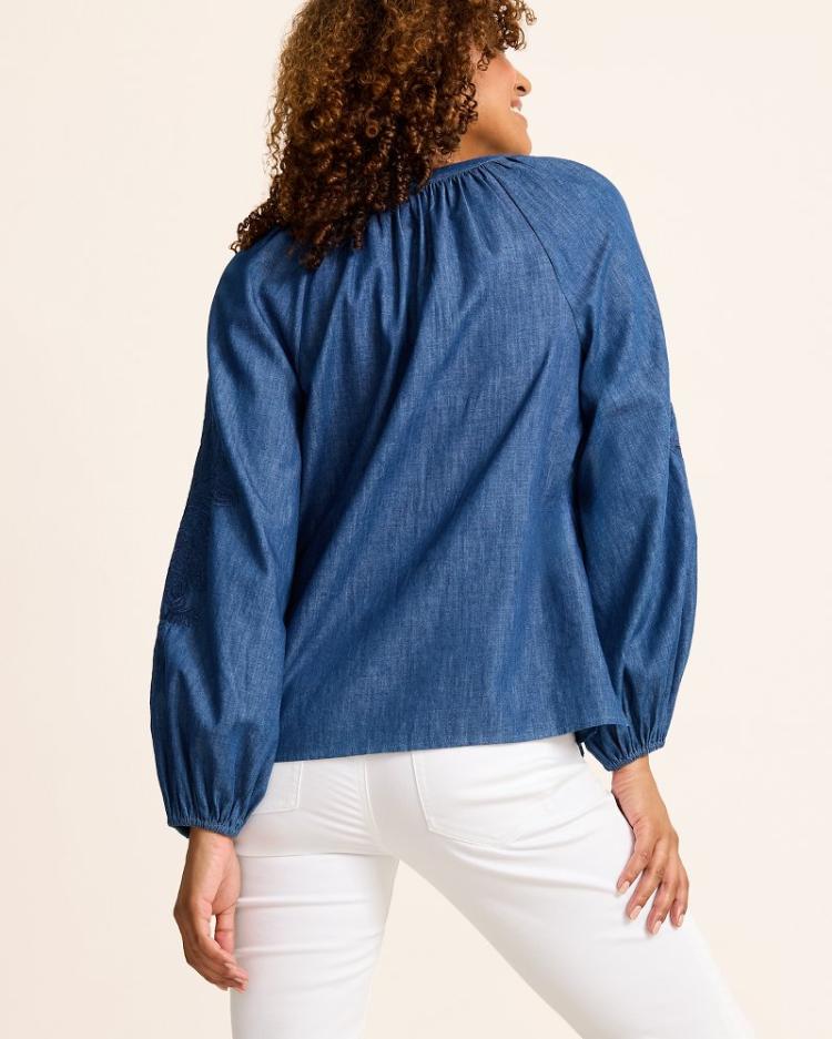 Women Tops & Shirts | Tommy Bahama Indigo Cove Embroidered Blouse Dark Sky Wash