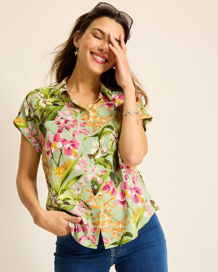Women Tops & Shirts | Tommy Bahama Orchid Bay Silk Camp Shirt Polished Pine