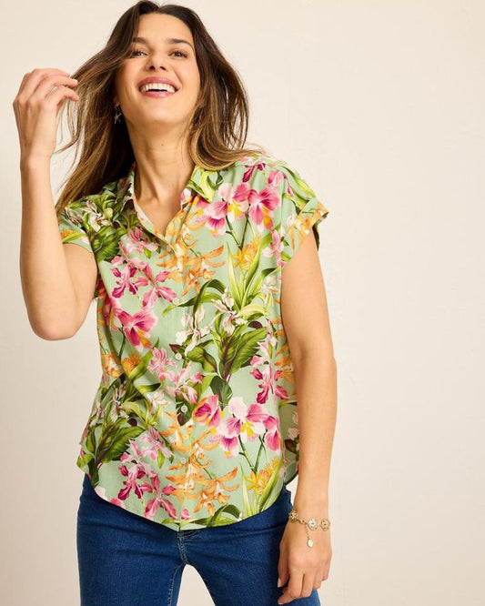 Women Tops & Shirts | Tommy Bahama Orchid Bay Silk Camp Shirt Polished Pine