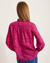 Women Tops & Shirts | Tommy Bahama Seaside Ikat Long-Sleeve Ruffle-Neck Top Pink Papaya