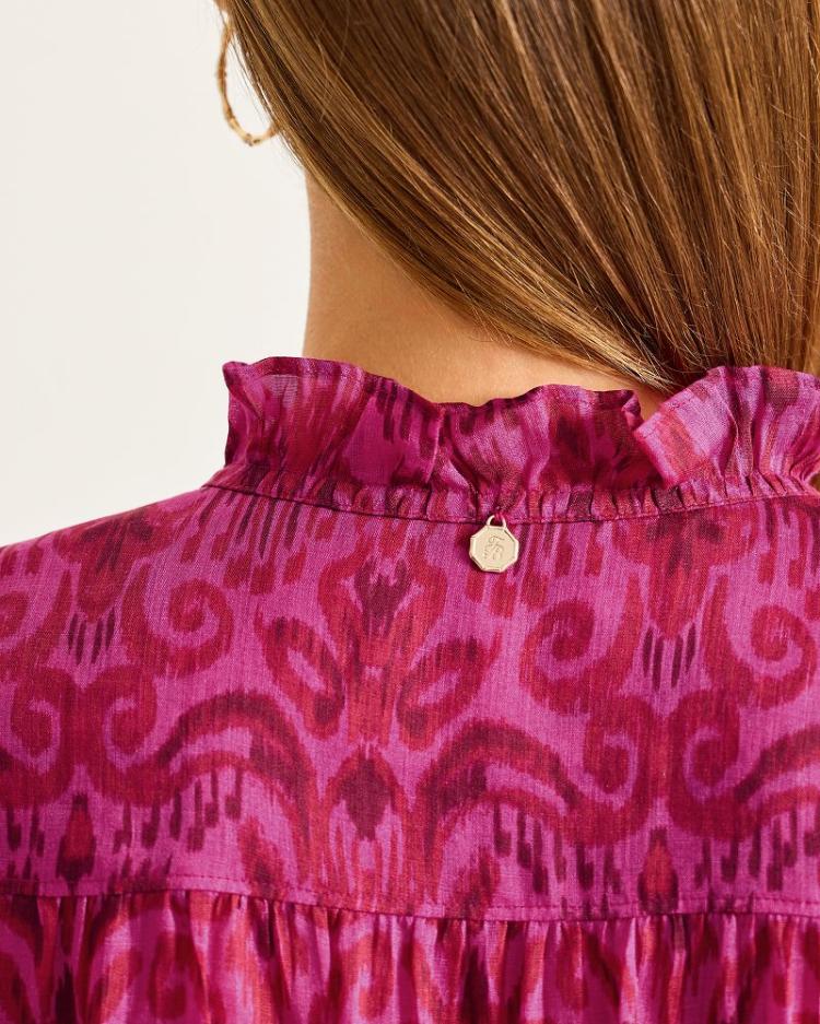 Women Tops & Shirts | Tommy Bahama Seaside Ikat Long-Sleeve Ruffle-Neck Top Pink Papaya