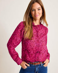 Women Tops & Shirts | Tommy Bahama Seaside Ikat Long-Sleeve Ruffle-Neck Top Pink Papaya