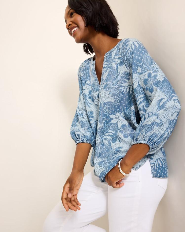 Women Tops & Shirts | Tommy Bahama Secret Inlet 3/4-Sleeve Top Med Marina Wash
