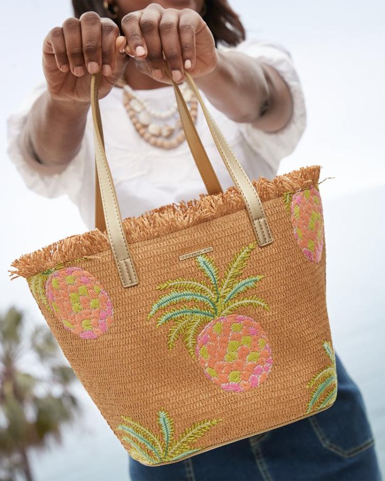 Women/Beach & Home Handbags & Clutches | Tommy Bahama Flamingo Pineapple Straw Tote Natural Pink