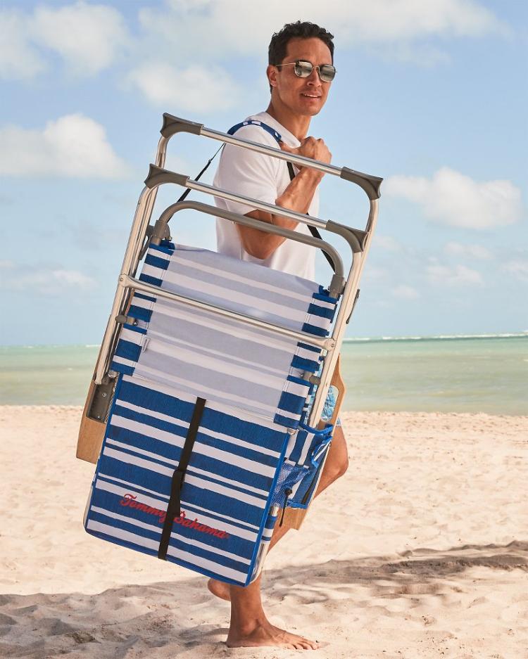 Beach &amp; Home Beach Chairs | Tommy Bahama Tommy Bahama Pineapple Stripe Highboy Chair With Shade Blue/white