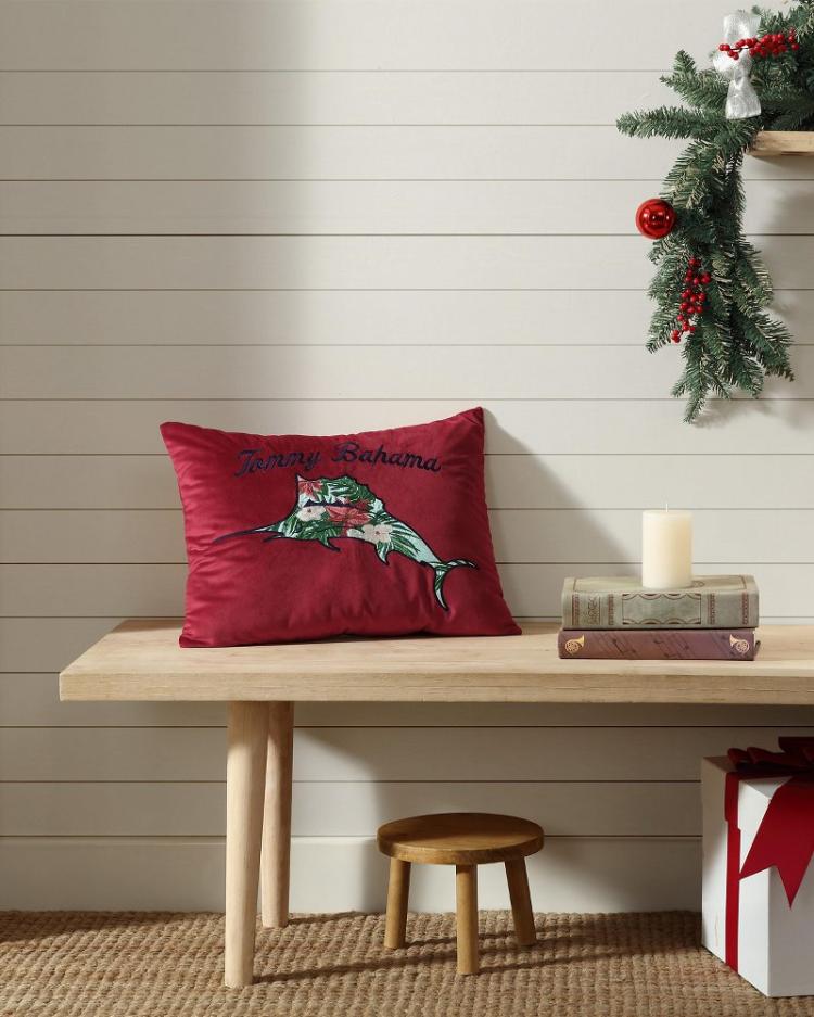 Beach &amp; Home Pillows &amp; Shams | Tommy Bahama Holiday Marlin Velvet Embroidered Decorative Pillow Red