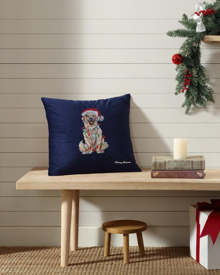 Beach &amp; Home Pillows &amp; Shams | Tommy Bahama Holiday Retriever Velvet Decorative Pillow Navy