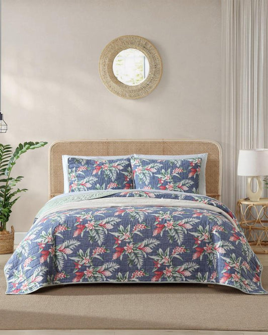 Beach &amp; Home Quilts &amp; Blankets | Tommy Bahama Floral Enchantment Reversible 3-Piece Full/Queen Quilt Set Deep Blue