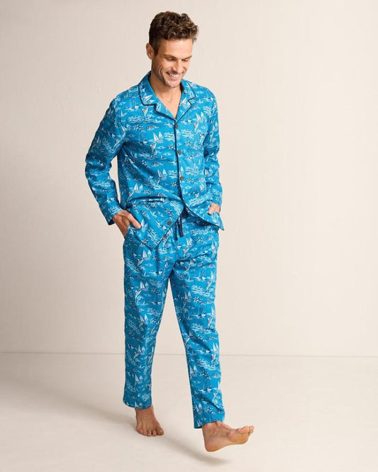 Men Loungewear &amp; Pajamas | Tommy Bahama Woven Long Sleeve &amp; Pants Pajama Set Slate Teal