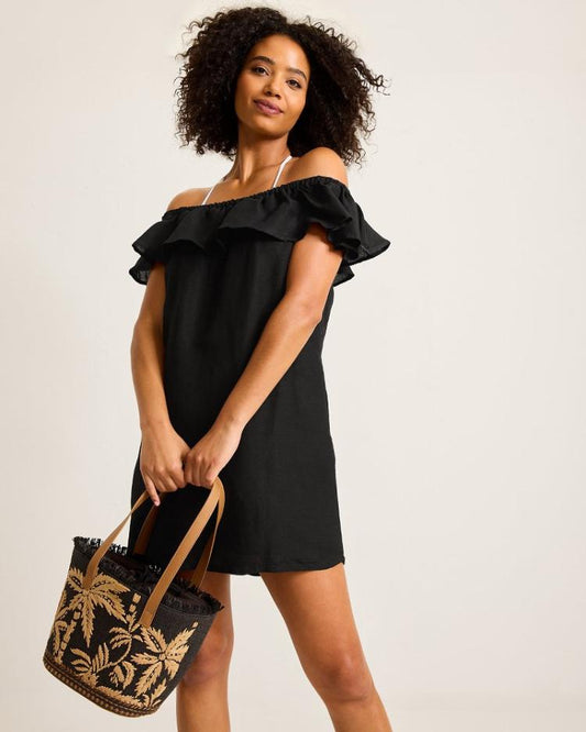 Women Beach Coverups | Tommy Bahama St. Lucia Linen-Blend Off-the-Shoulder Coverup Dress Black