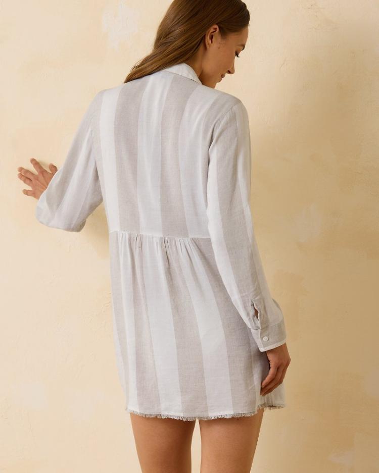Women Beach Coverups | Tommy Bahama St. Lucia Linen-Blend Rugby Stripe Beach Shirt Med Khaki
