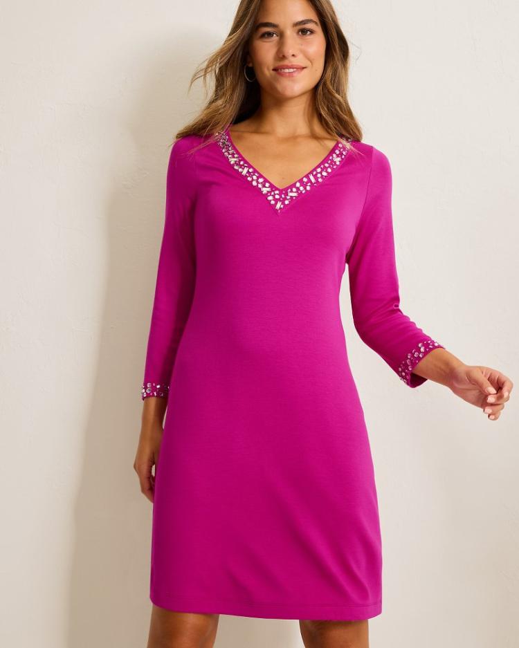 Women Dresses | Tommy Bahama Darcy Embellished V-Neck Dress Spring Fuchsia