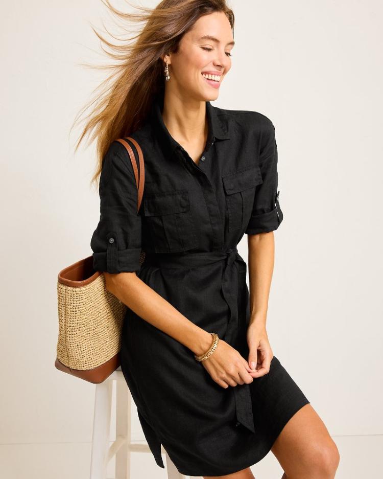 Women Dresses | Tommy Bahama Two Palms Patch-Pocket Linen Dress Black