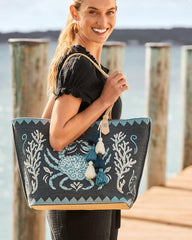 Women Handbags &amp; Clutches | Tommy Bahama Embroidered Fiesta Crab Tote Blue