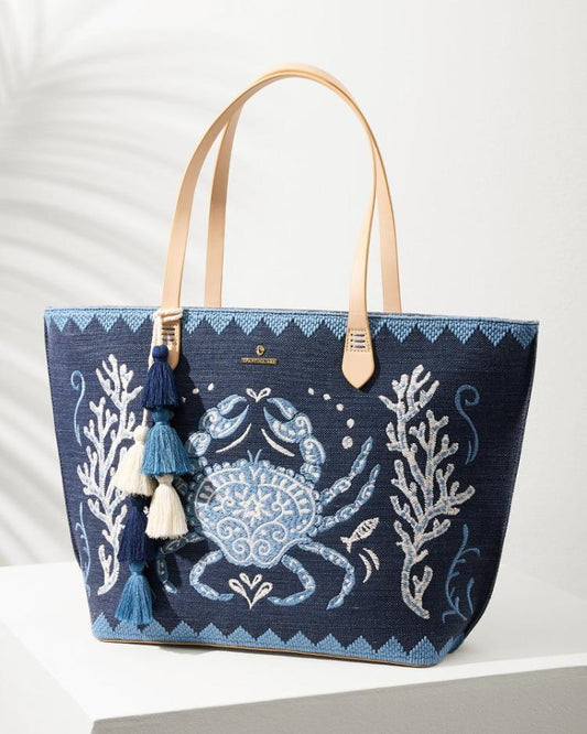 Women Handbags &amp; Clutches | Tommy Bahama Embroidered Fiesta Crab Tote Blue