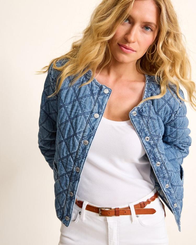 Women Jackets | Tommy Bahama Quilted Cropped Denim Jacket Vintage Playa Wash