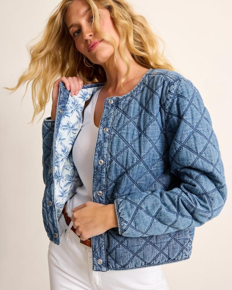 Women Jackets | Tommy Bahama Quilted Cropped Denim Jacket Vintage Playa Wash