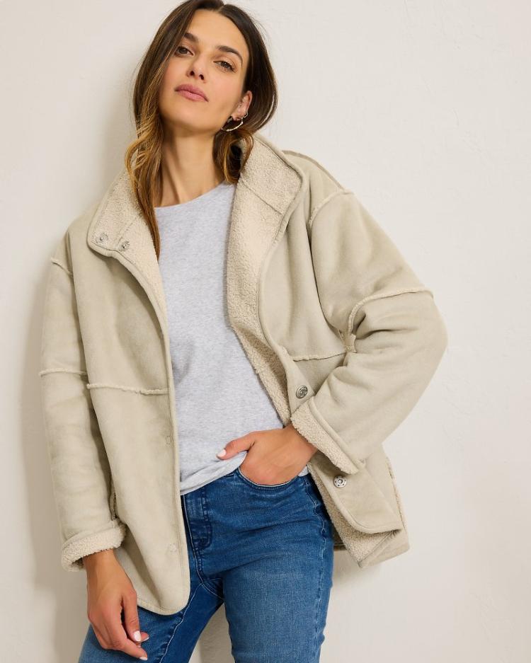 Women Jackets | Tommy Bahama Reversible Faux Shearling Coat Oatmeal