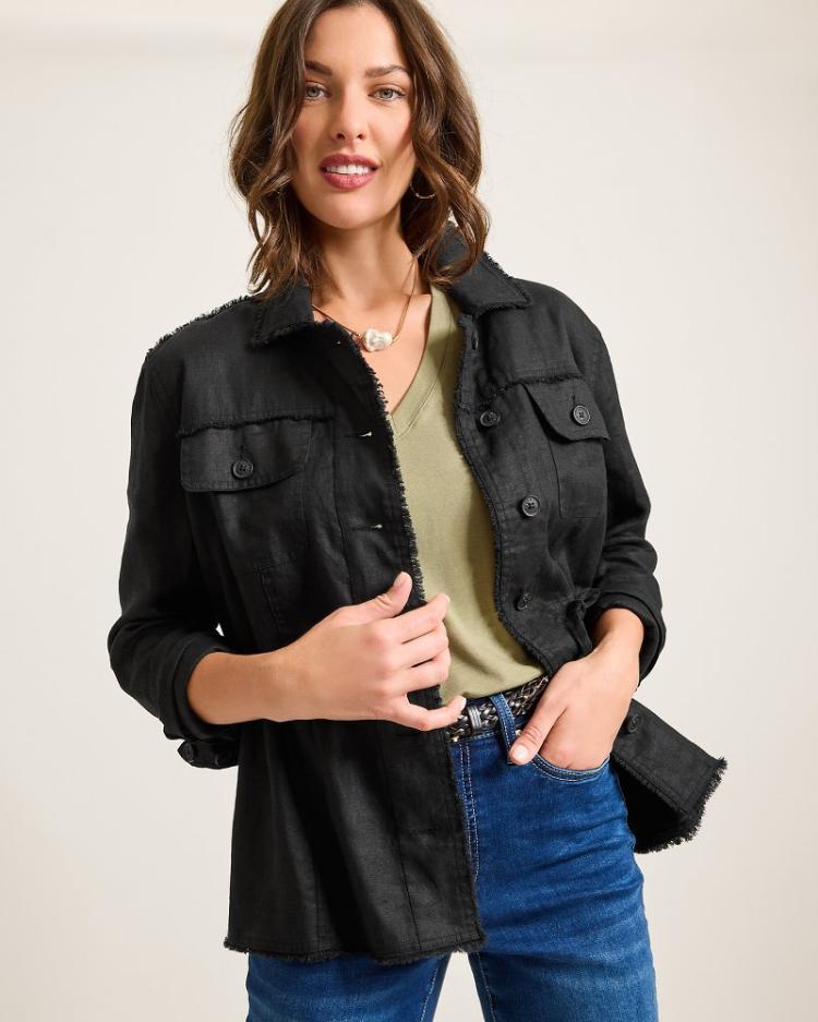 Women Jackets | Tommy Bahama Two Palms Linen Raw-Edge Utility Jacket Black