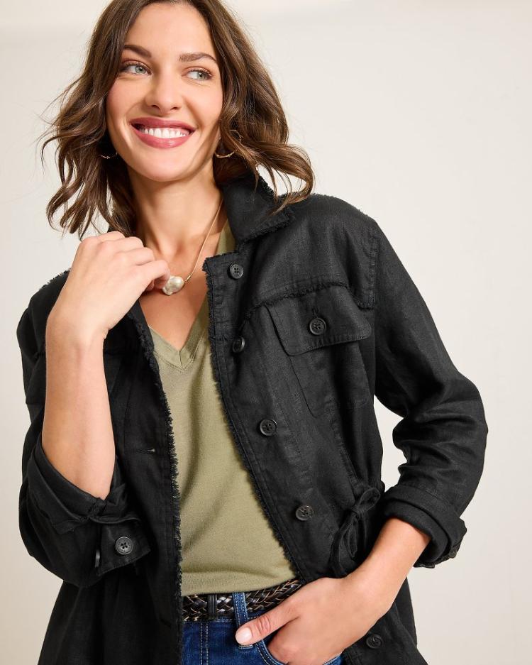 Women Jackets | Tommy Bahama Two Palms Linen Raw-Edge Utility Jacket Black