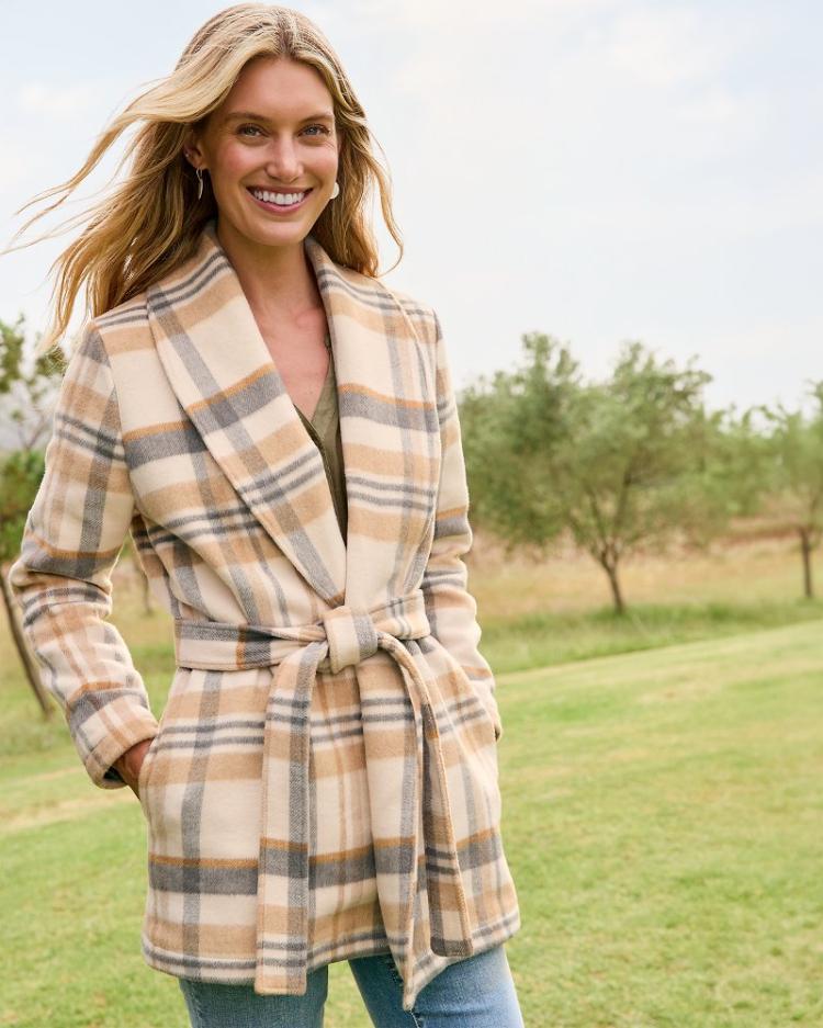 Women Jackets | Tommy Bahama Wooly Plaid Wrap Coat Neutral