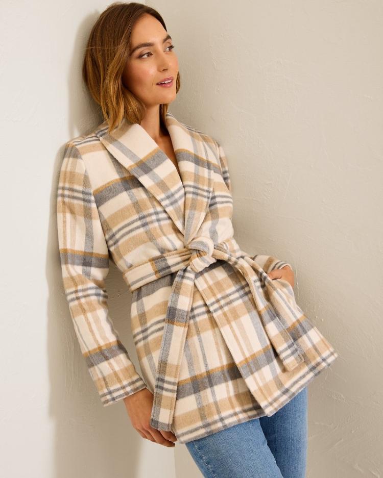 Women Jackets | Tommy Bahama Wooly Plaid Wrap Coat Neutral