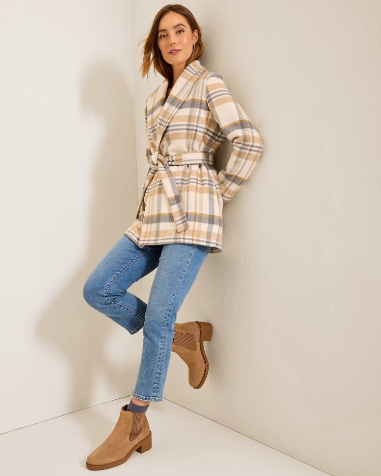 Women Jackets | Tommy Bahama Wooly Plaid Wrap Coat Neutral